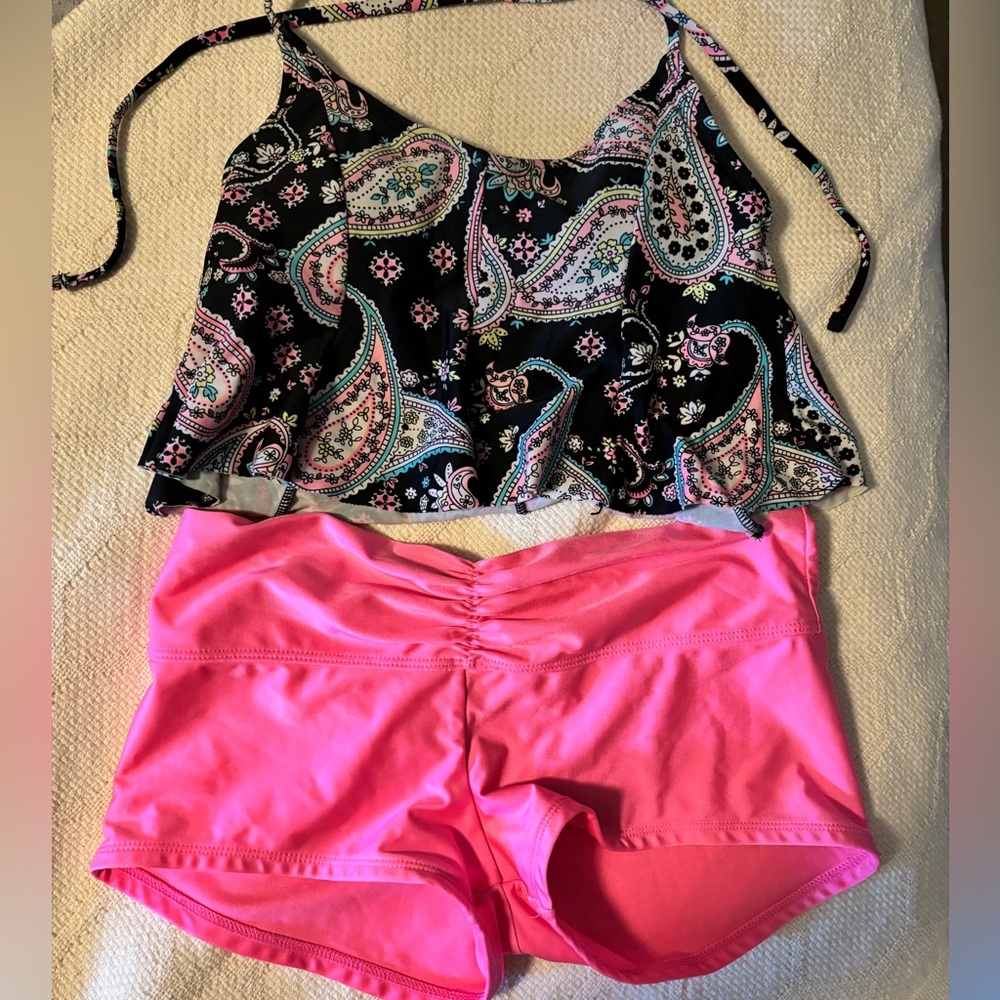 Bathing Suit Swimsuit Set Black Paisley Top Pink Boyshorts